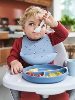 Hot Sale 🎁 Bib with Spill Pocket in Silicone - white light all over printed, Nursery 👍